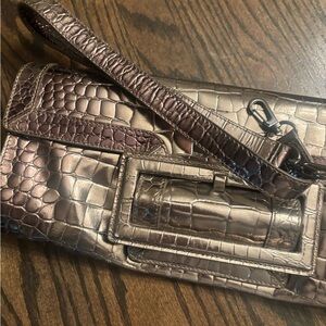 Metallic Croc-Embossed Wristlet Clutch in Brown